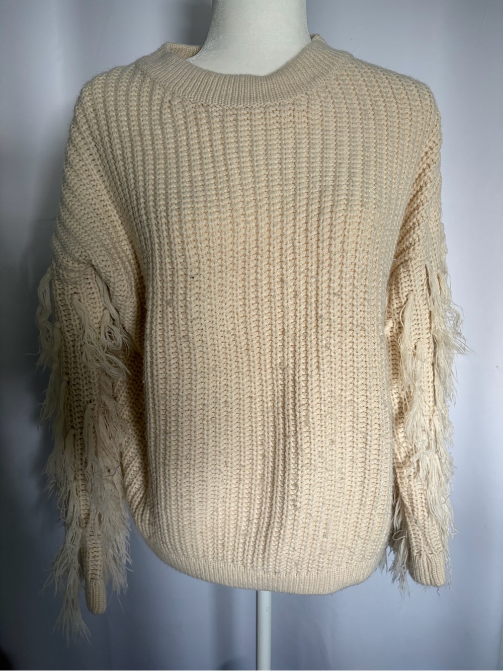 Chunky Crew Sweater with Fringe-Sleeve